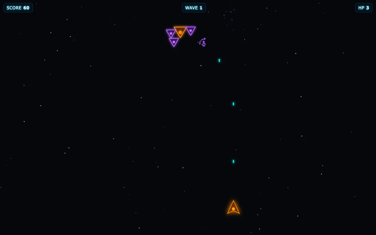 Star Defender after one chat edit in the SI game generator: an orange ship, slower enemy bullets and a pause key